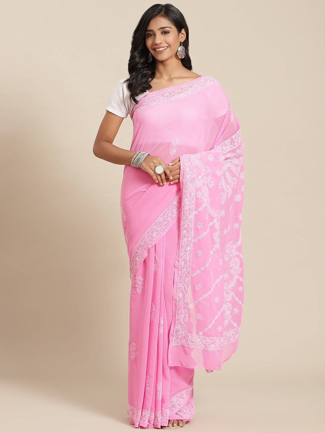 

ADA Pink & White Floral Hand Embroidered Poly Georgette Chikankari Saree
