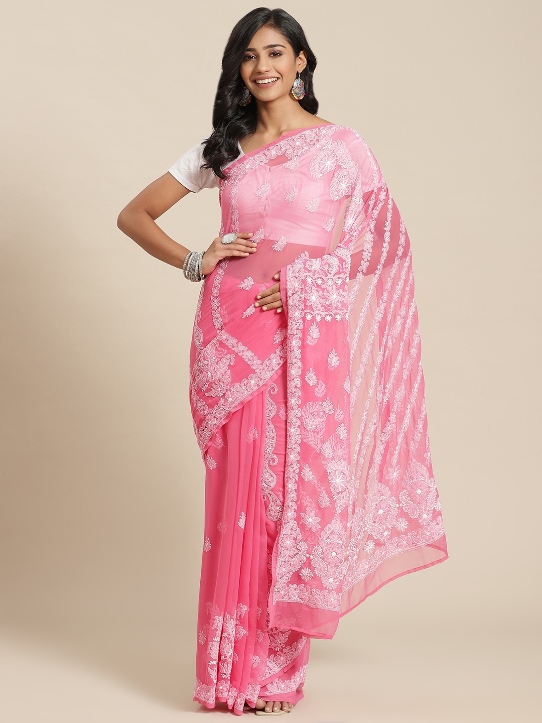 

ADA Pink & White Ethnic Motifs Hand Embroidered Poly Georgette Chikankari Handloom Saree