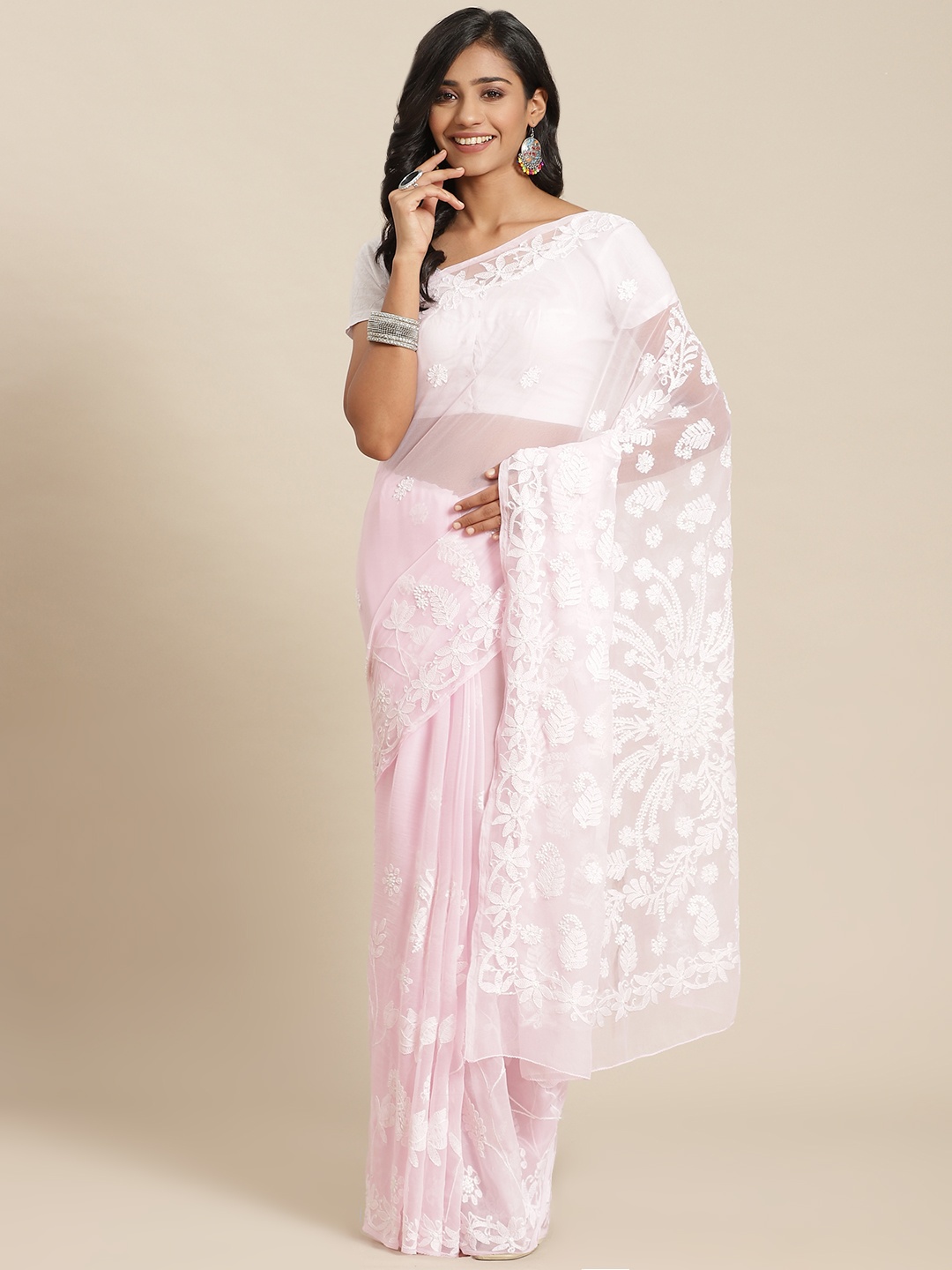 

ADA Pink & White Ethnic Motifs Hand Embroidered Poly Georgette Chikankari Handloom Saree