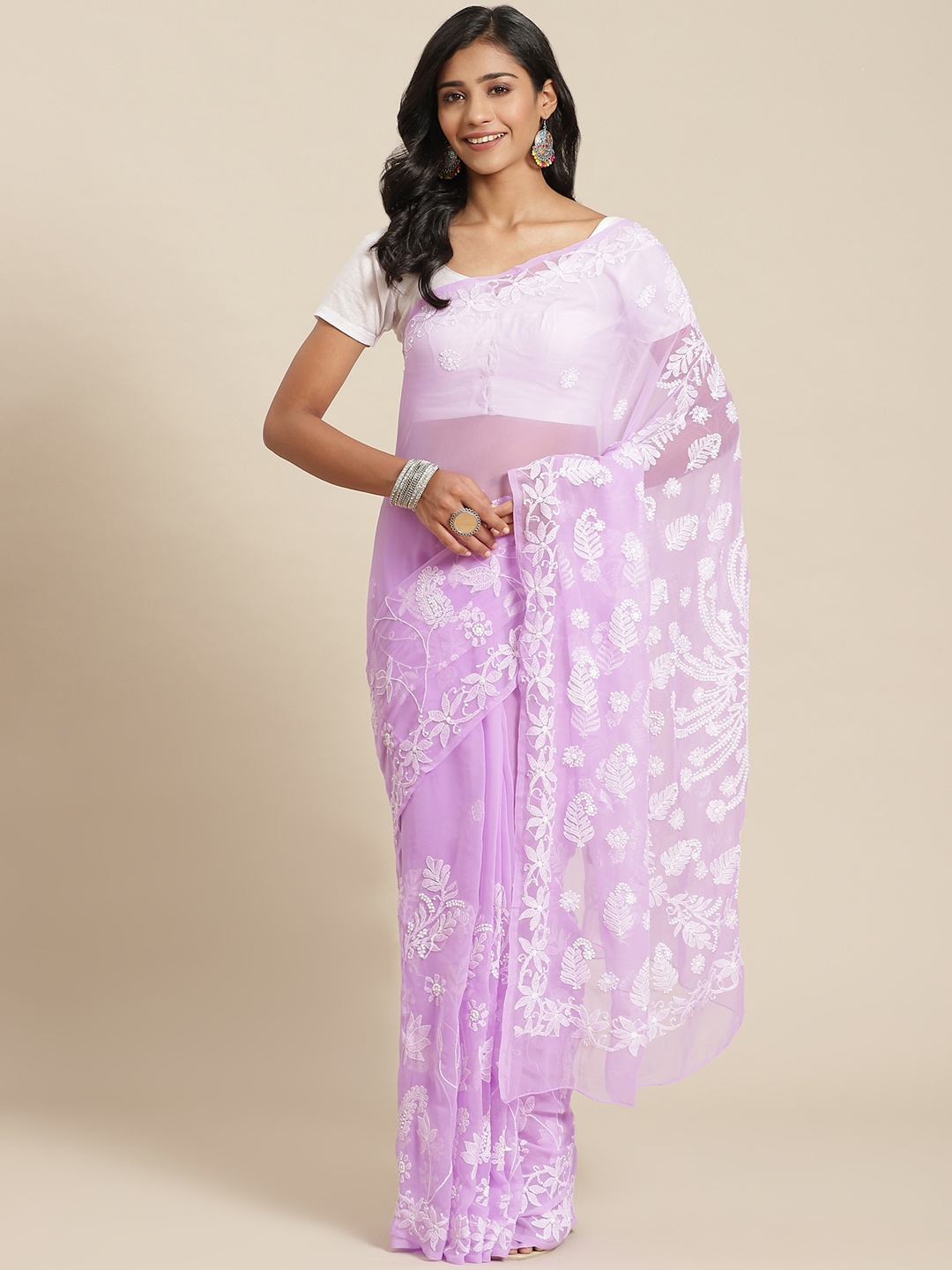 

ADA Mauve & White Ethnic Motifs Hand Embroidered Poly Georgette Chikankari Handloom Saree