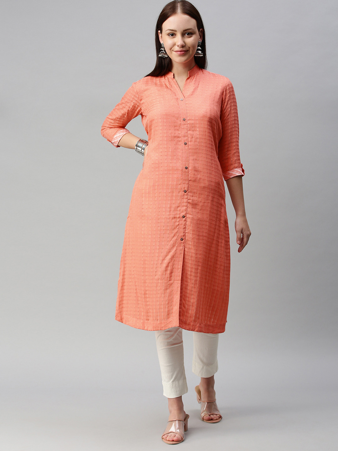 

ETIQUETTE Women Peach-Coloured Checked Kurta