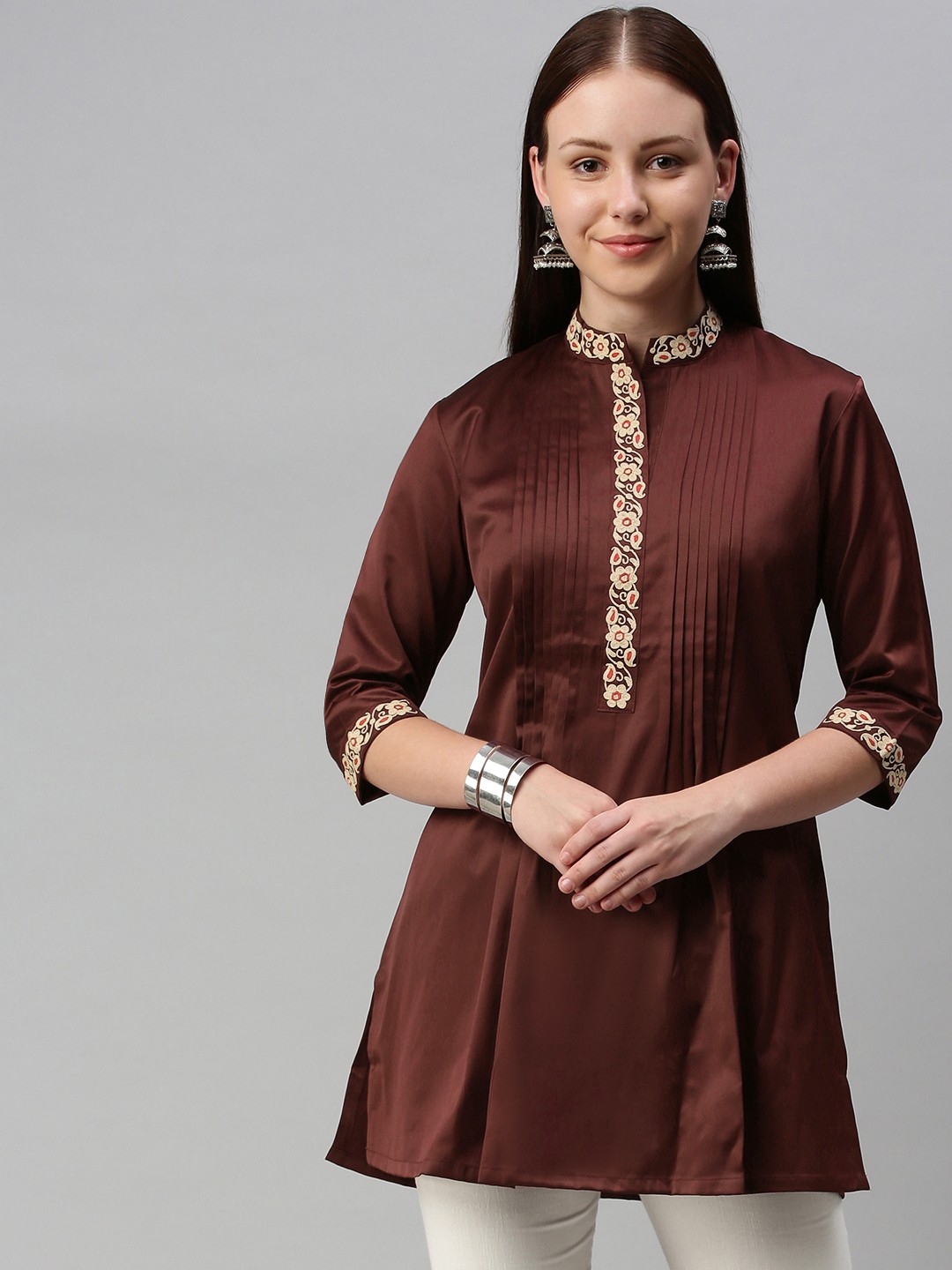 

ETIQUETTE Women Brown & Gold-Toned Floral Yoke Design Satin Kurta