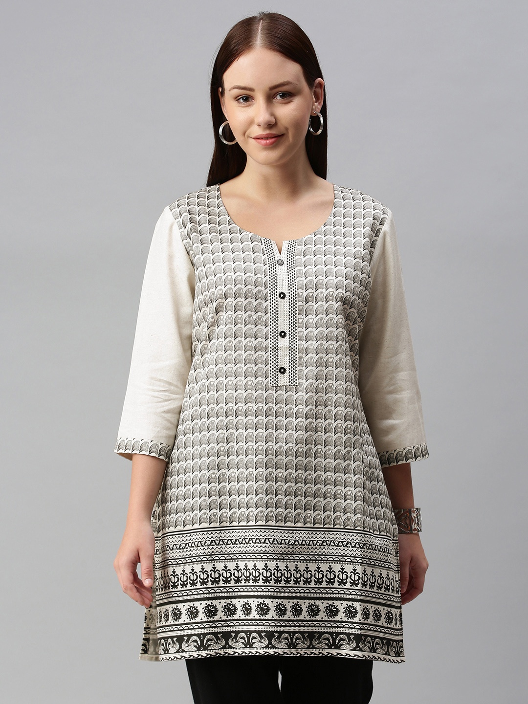 

ETIQUETTE Women Off White & Grey Ethnic Motifs Printed Kurta