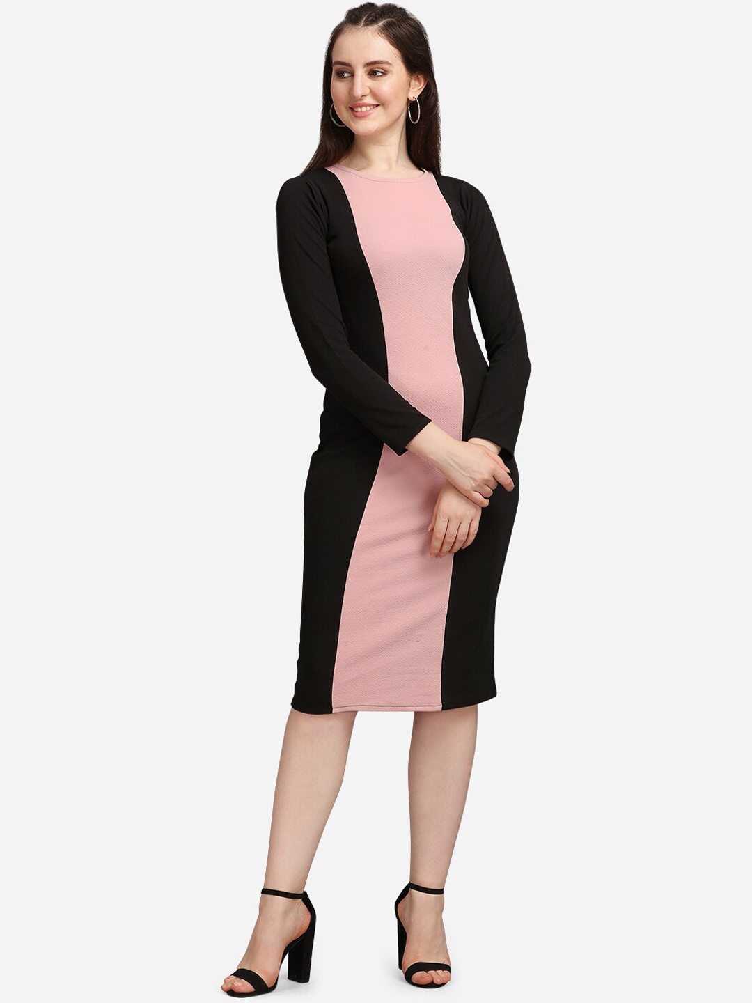 

PURVAJA Black & Peach-Coloured Colourblocked Sheath Dress