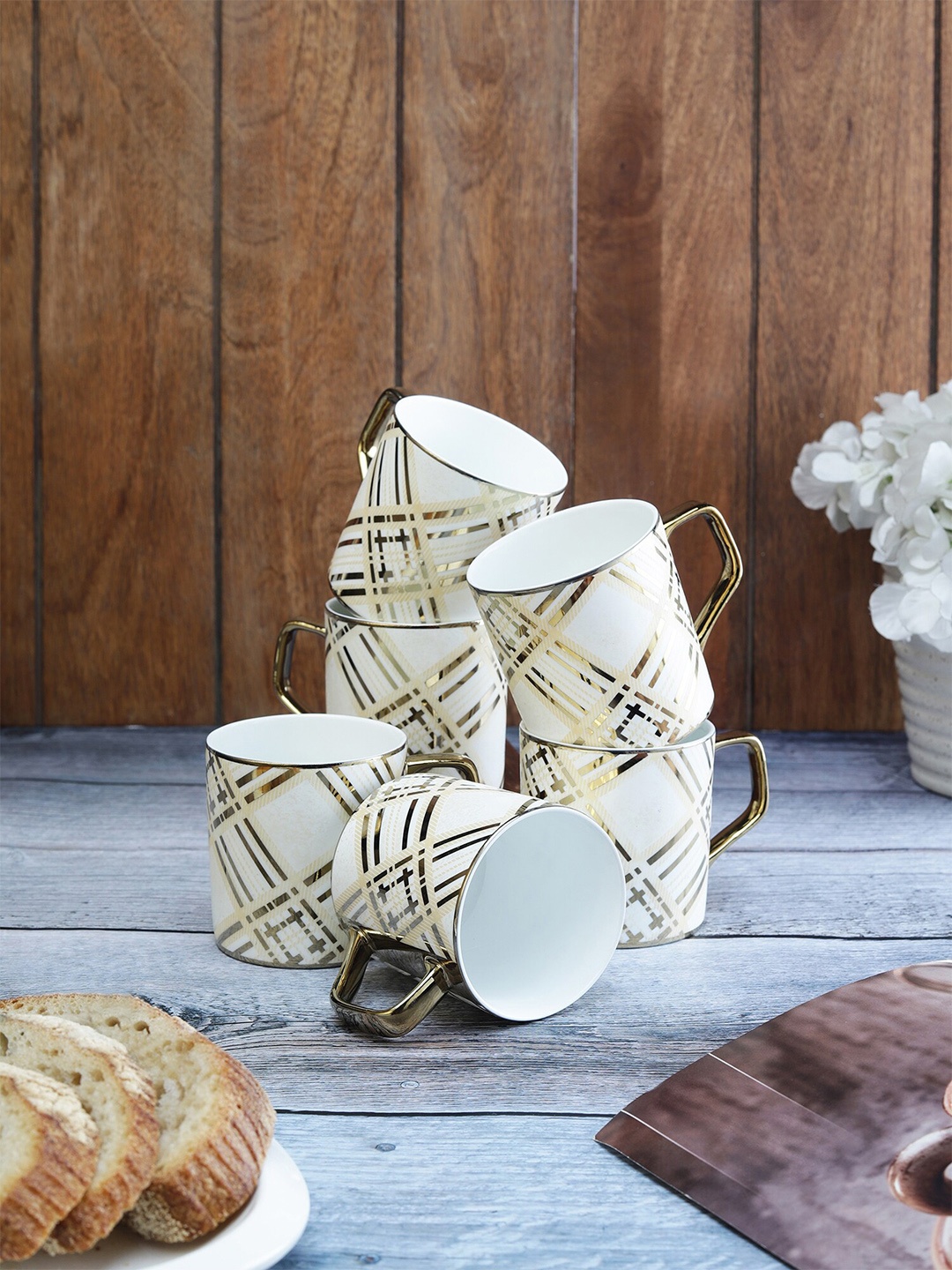 

CLAY CRAFT 6 Pcs White & Golden Floral Printed Ceramic Glossy Cups
