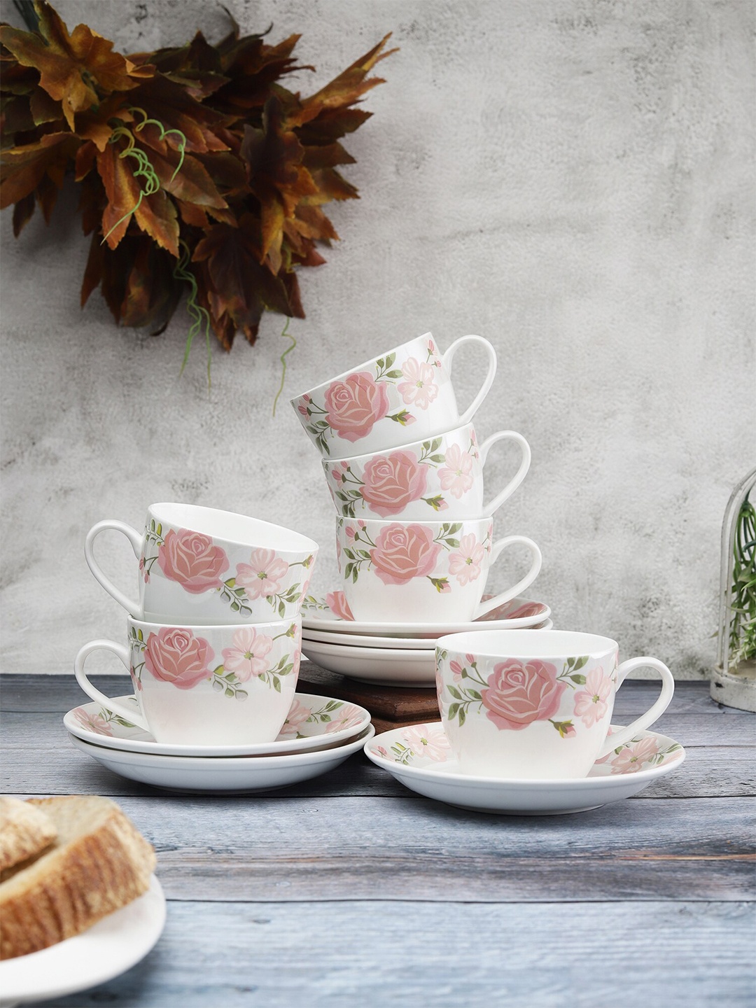 

CLAY CRAFT 12 Pcs Pink & White Floral Printed Ceramic Glossy Cups and Saucers