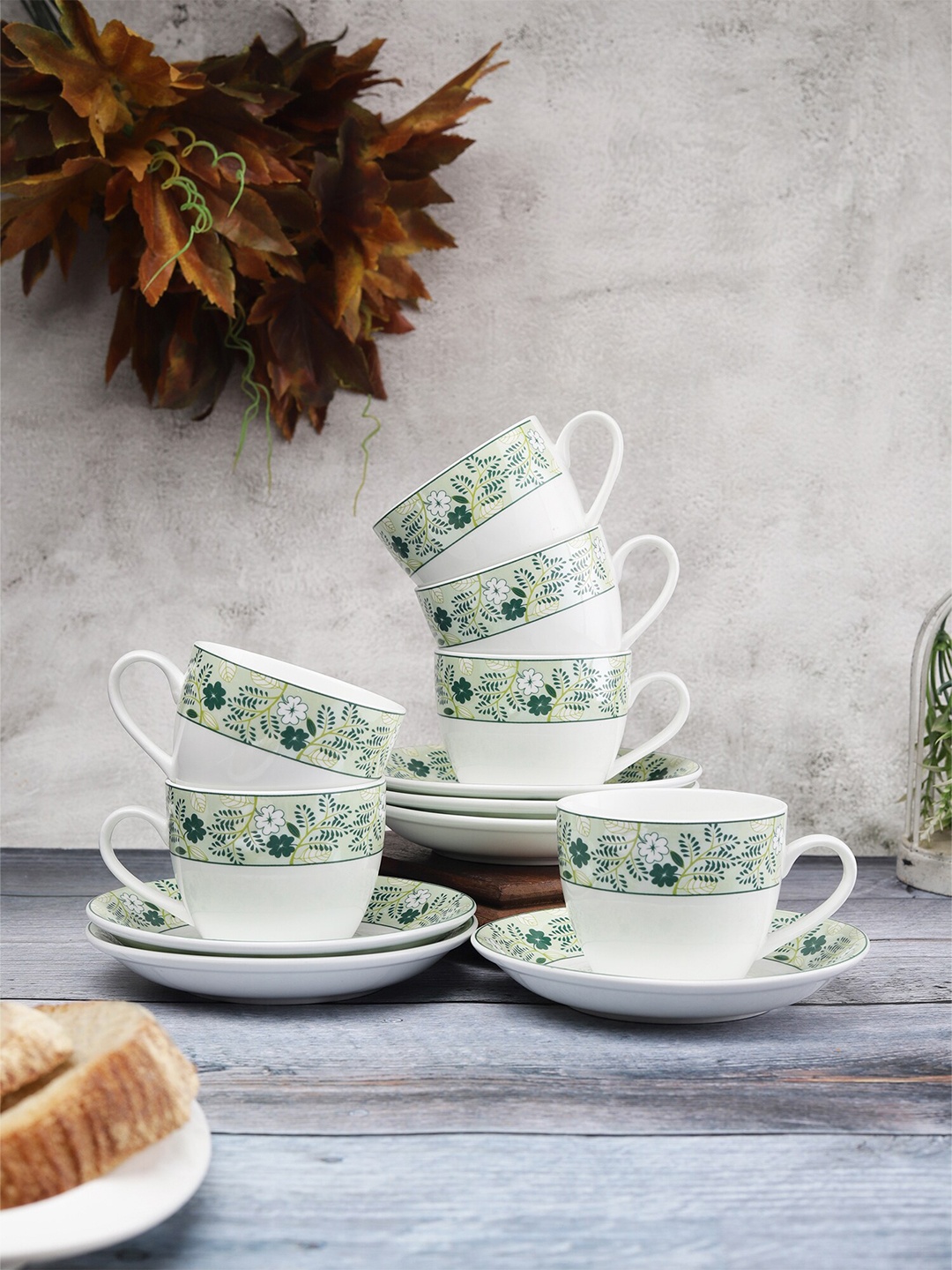 

CLAY CRAFT 12 Pcs White & Green Floral Printed Ceramic Glossy Cups and Saucers