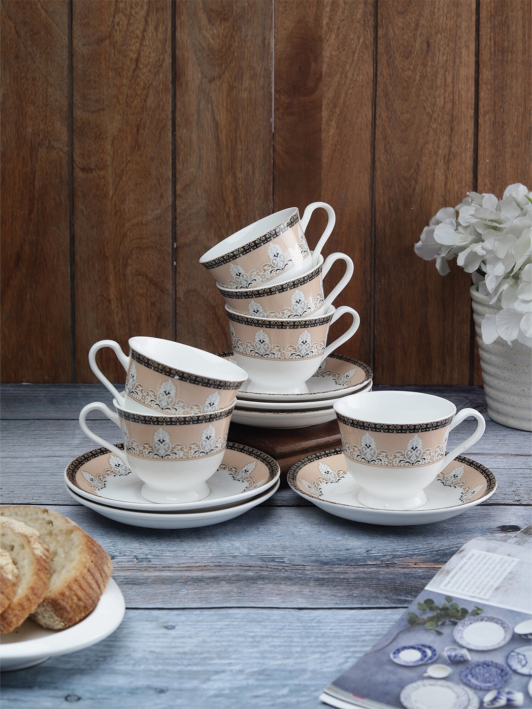 

CLAY CRAFT 12 Pcs White & Beige Floral Printed Ceramic Glossy Cups and Saucers