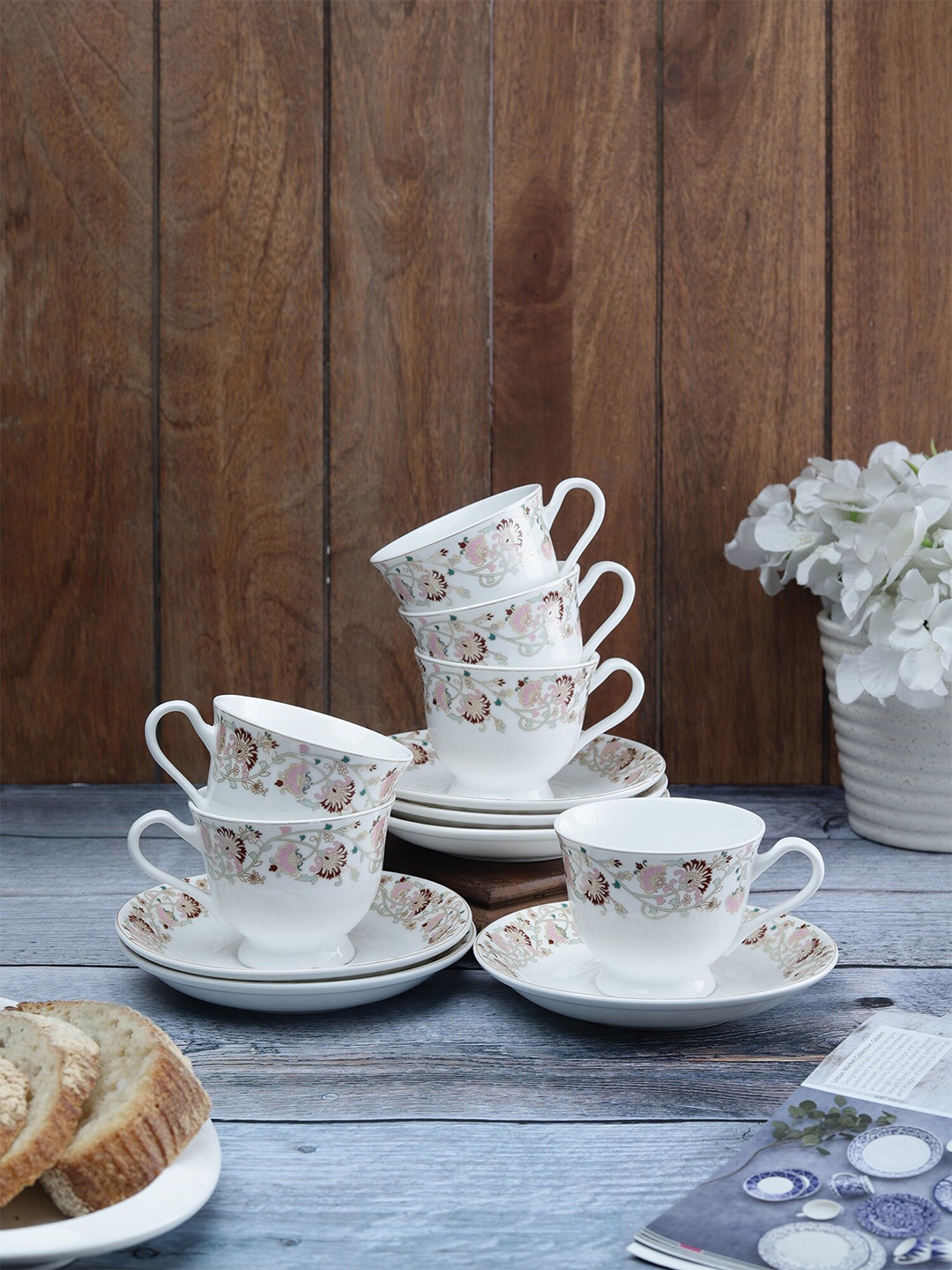 

CLAY CRAFT 12 Pcs White & Pink Floral Printed Ceramic Glossy Cups and Saucers