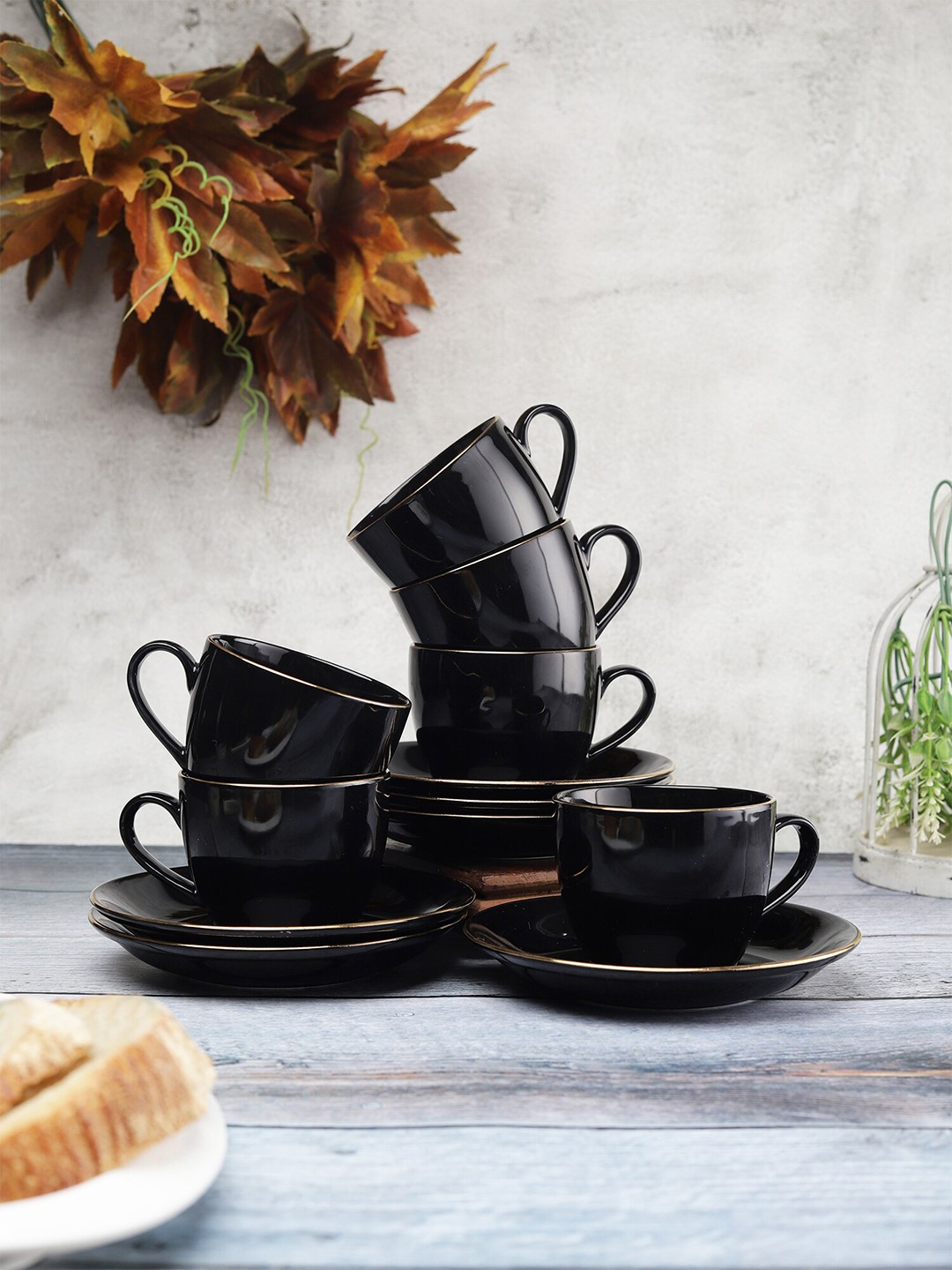 

CLAY CRAFT 12 Pcs Black Printed Ceramic Glossy Cups and Saucers