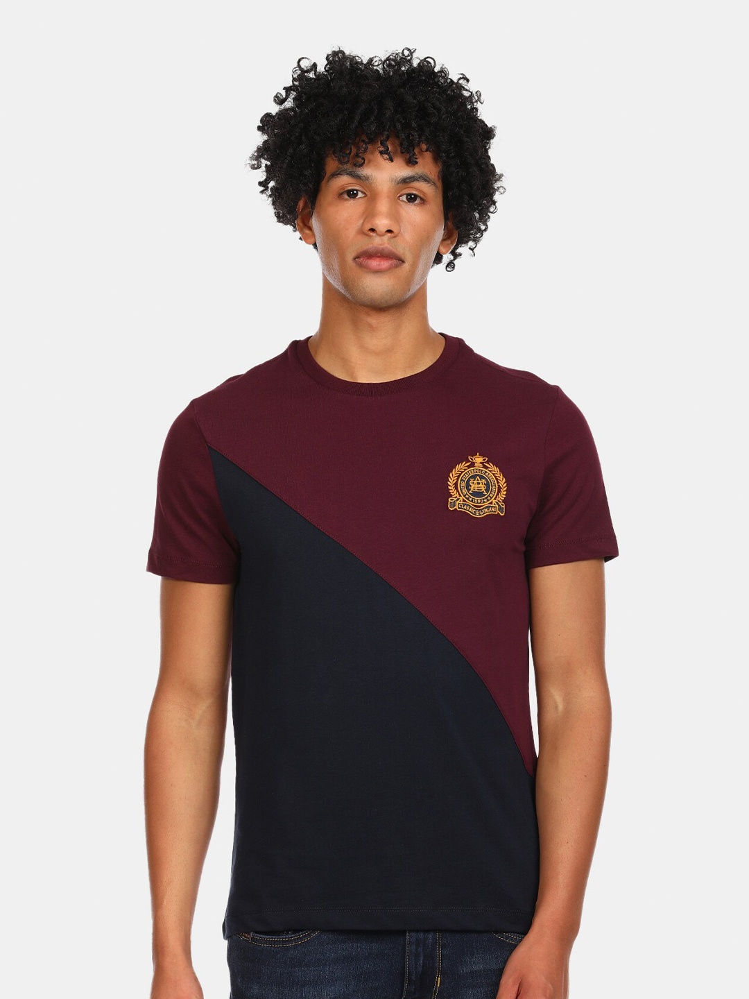 

U.S. Polo Assn. Men Maroon Navy Blue Colourblocked Cotton Pure Cotton T-shirt