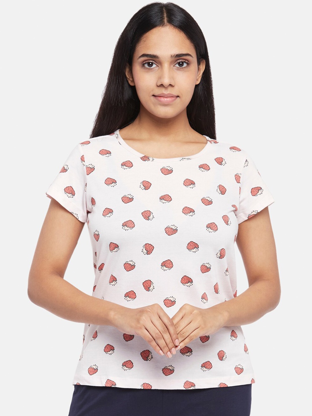 

Dreamz by Pantaloons Women White & Pink Printed Lounge Tshirt