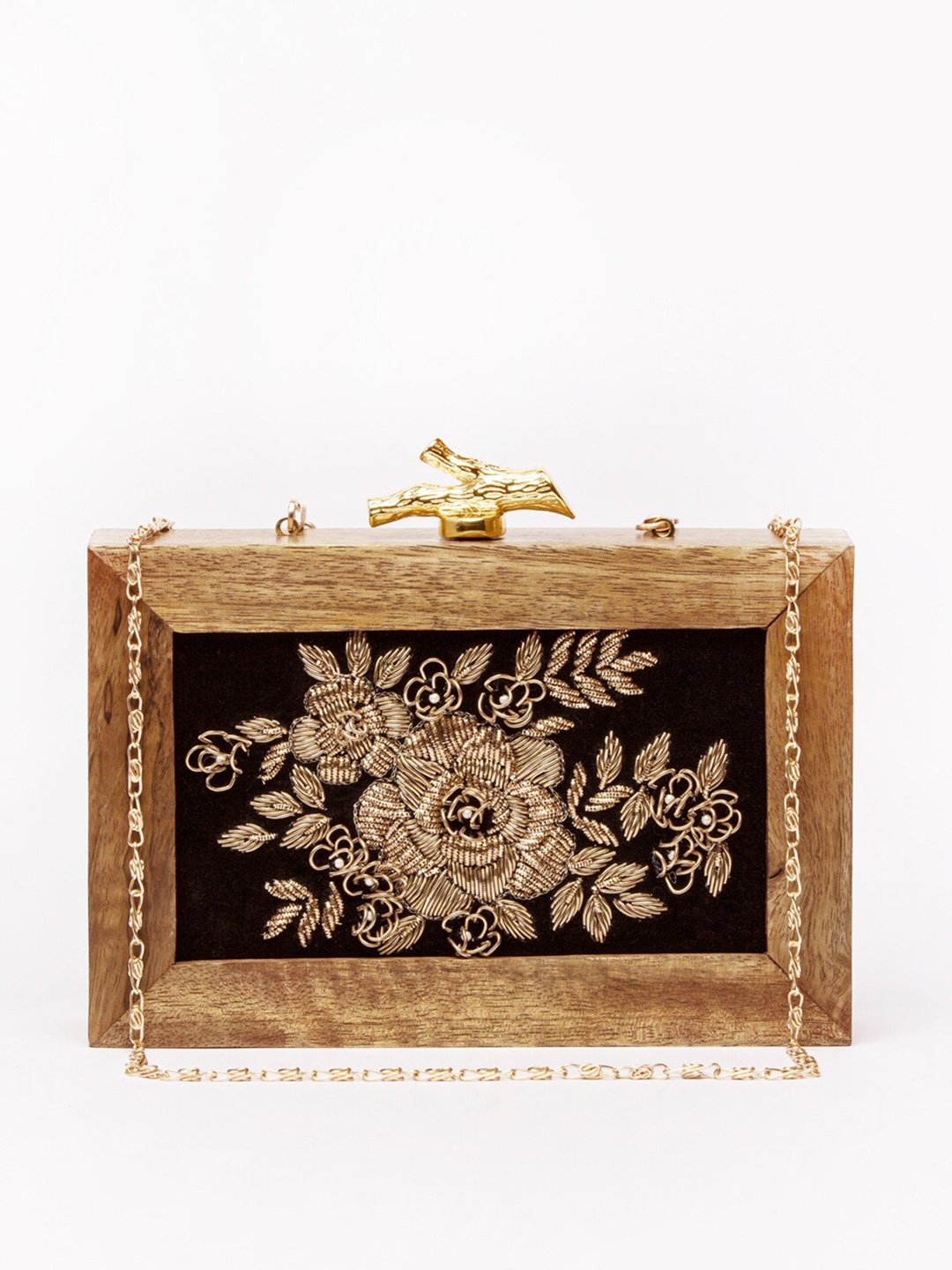 

ARTFLYCK Rose Embroidered Wooden Box Clutch, Brown