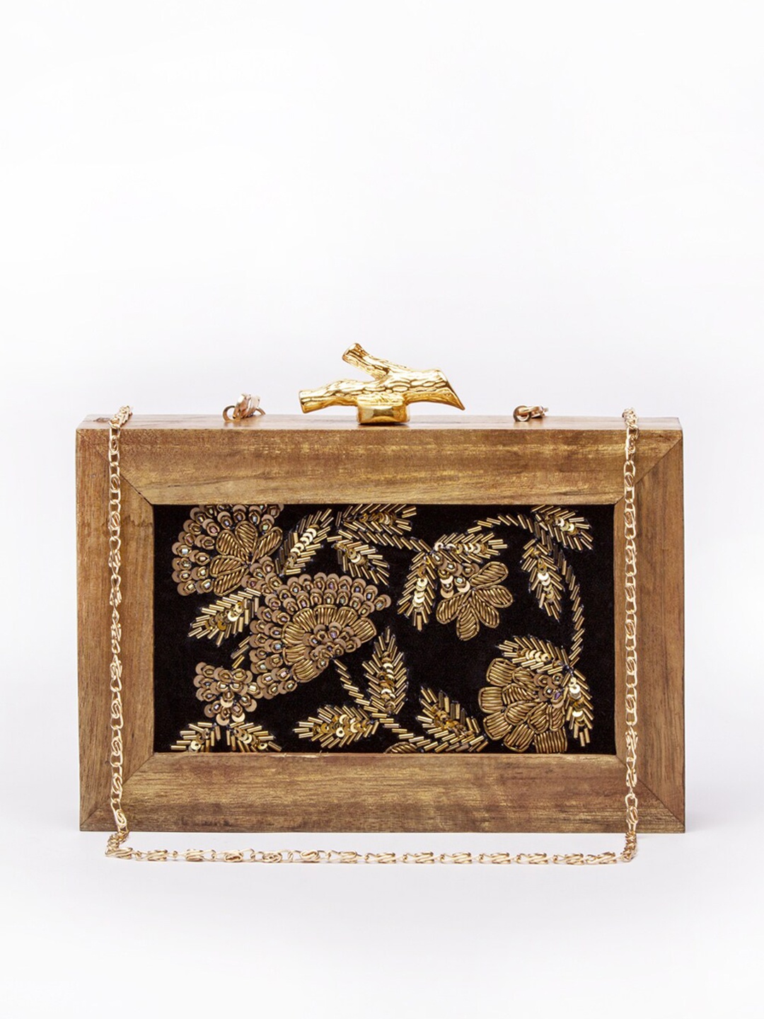 

ARTFLYCK Rectangular Wooden Embroidered Floral Clutch Bag, Brown