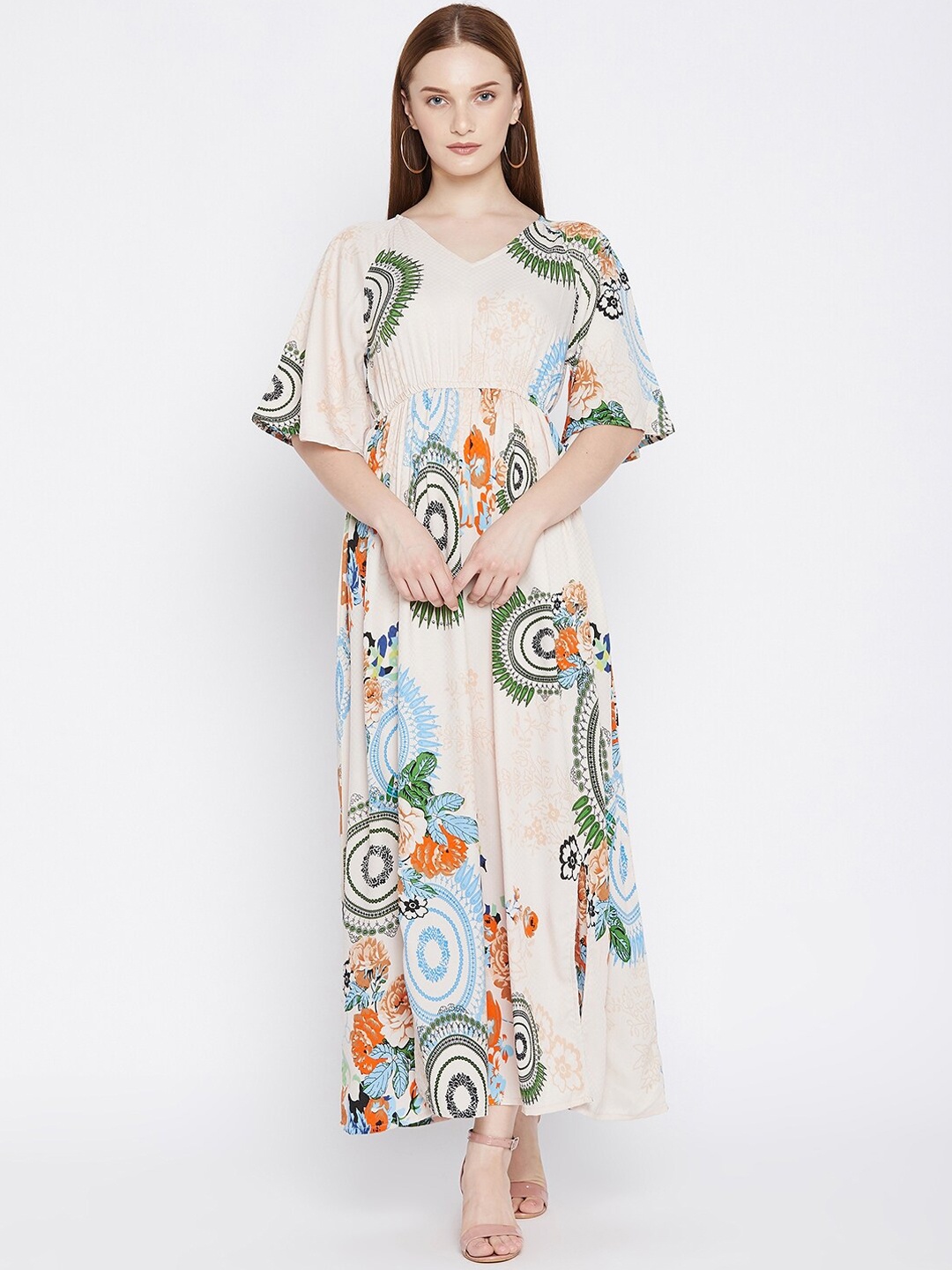 

Ruhaans Women Cream-Coloured & Green Crepe Maxi Dress