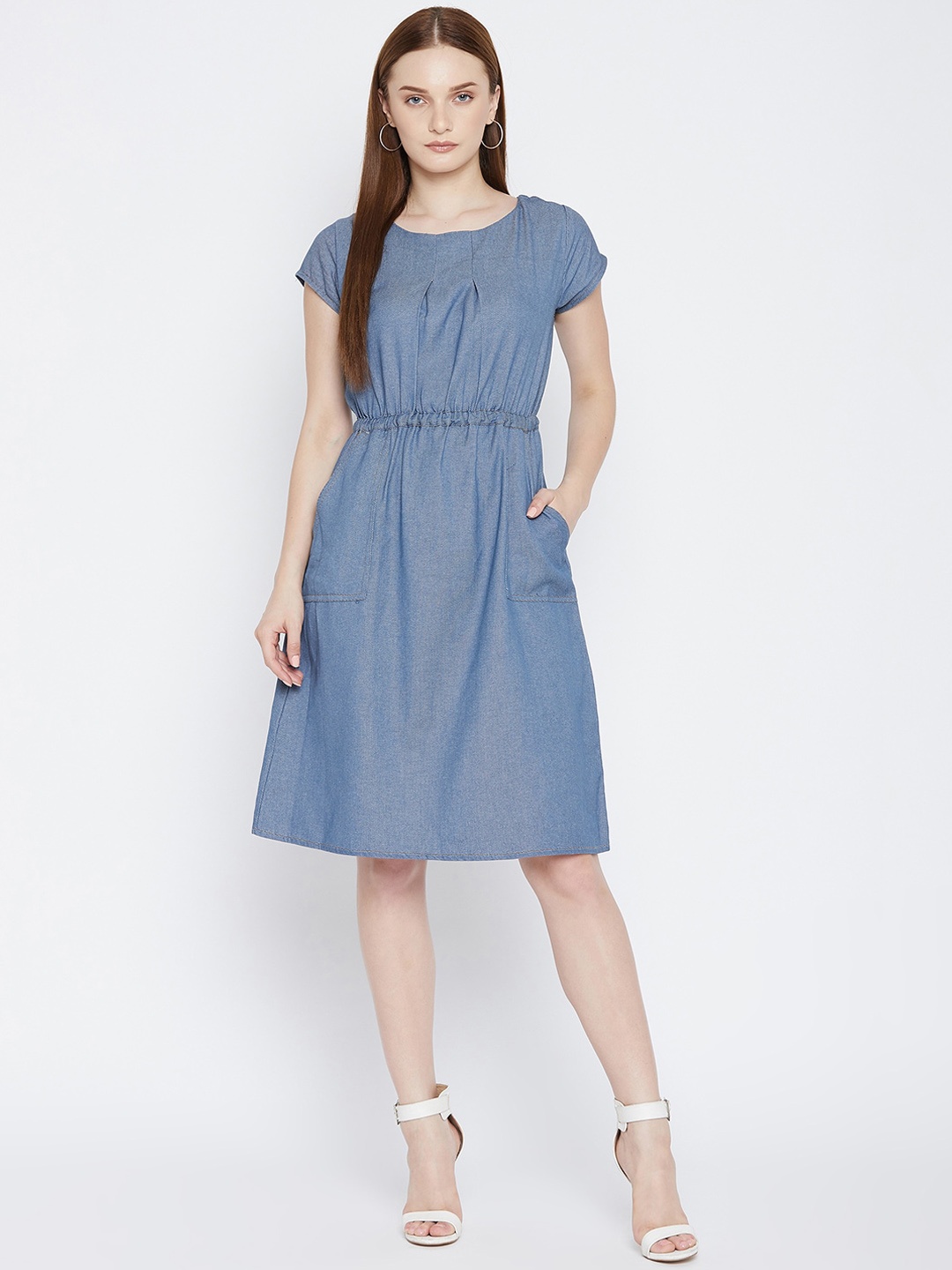 

Ruhaans Blue Solid Denim A-line Dress