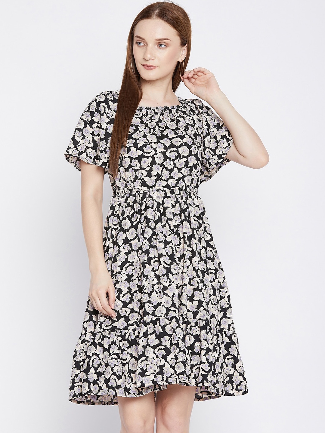 

Ruhaans Black & Beige Floral Georgette Dress