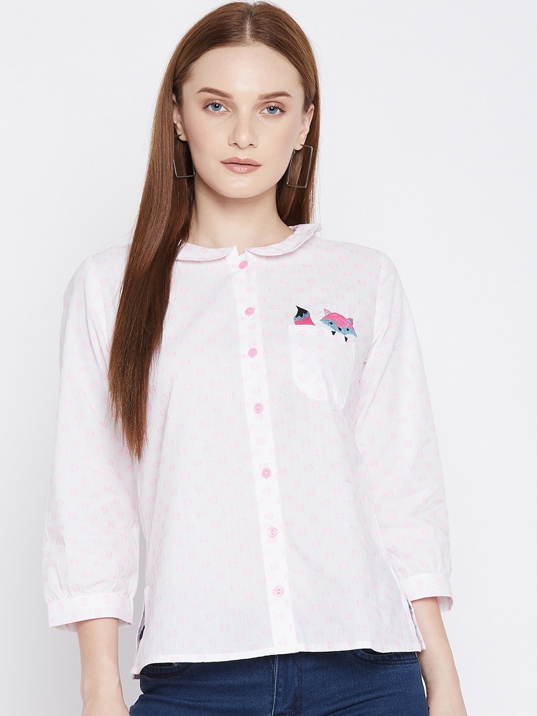 

Ruhaans Women White & Pink Embroidered Cotton Shirt