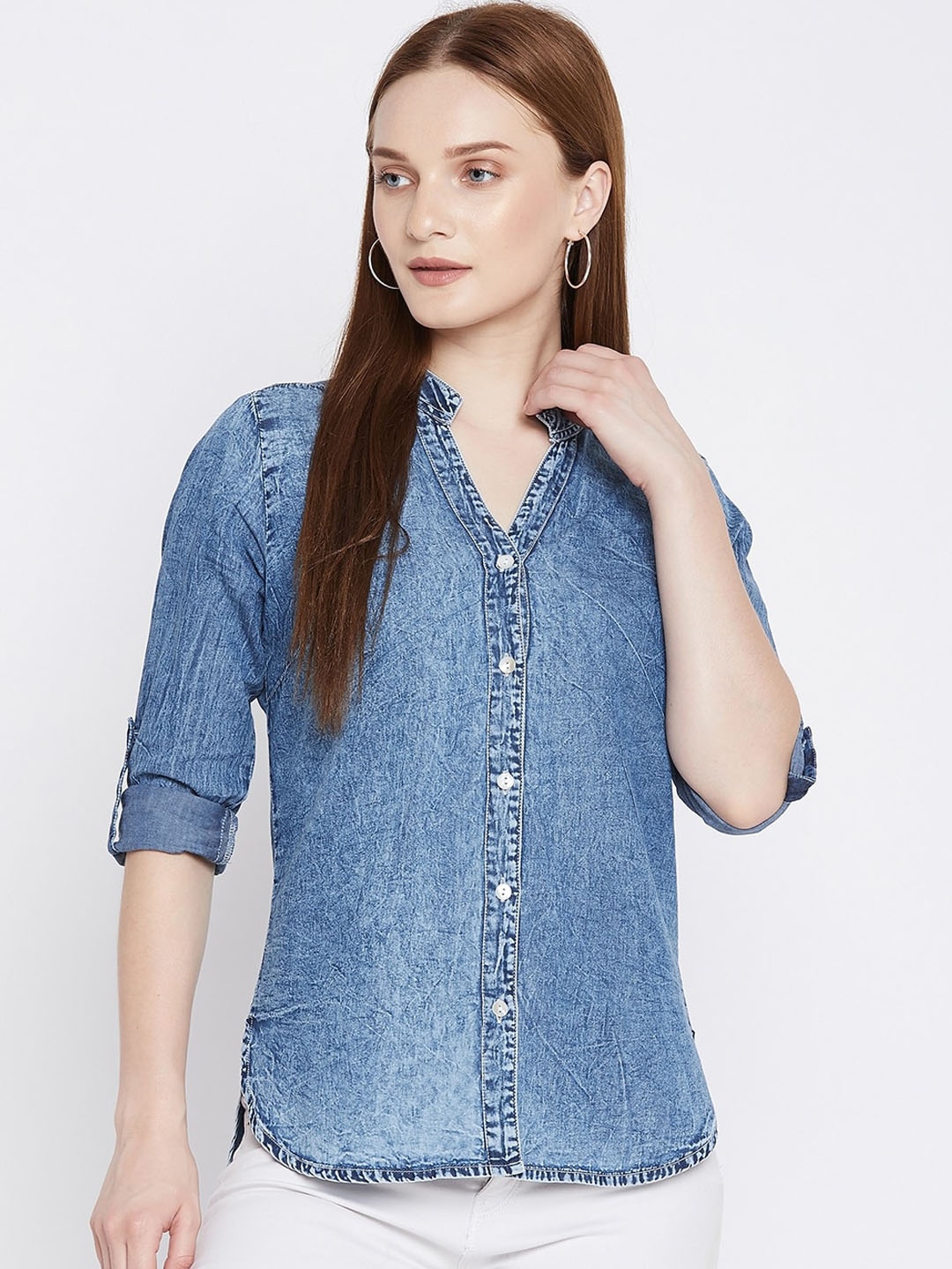 

Ruhaans Women Blue Faded Opaque Faded Casual Shirt