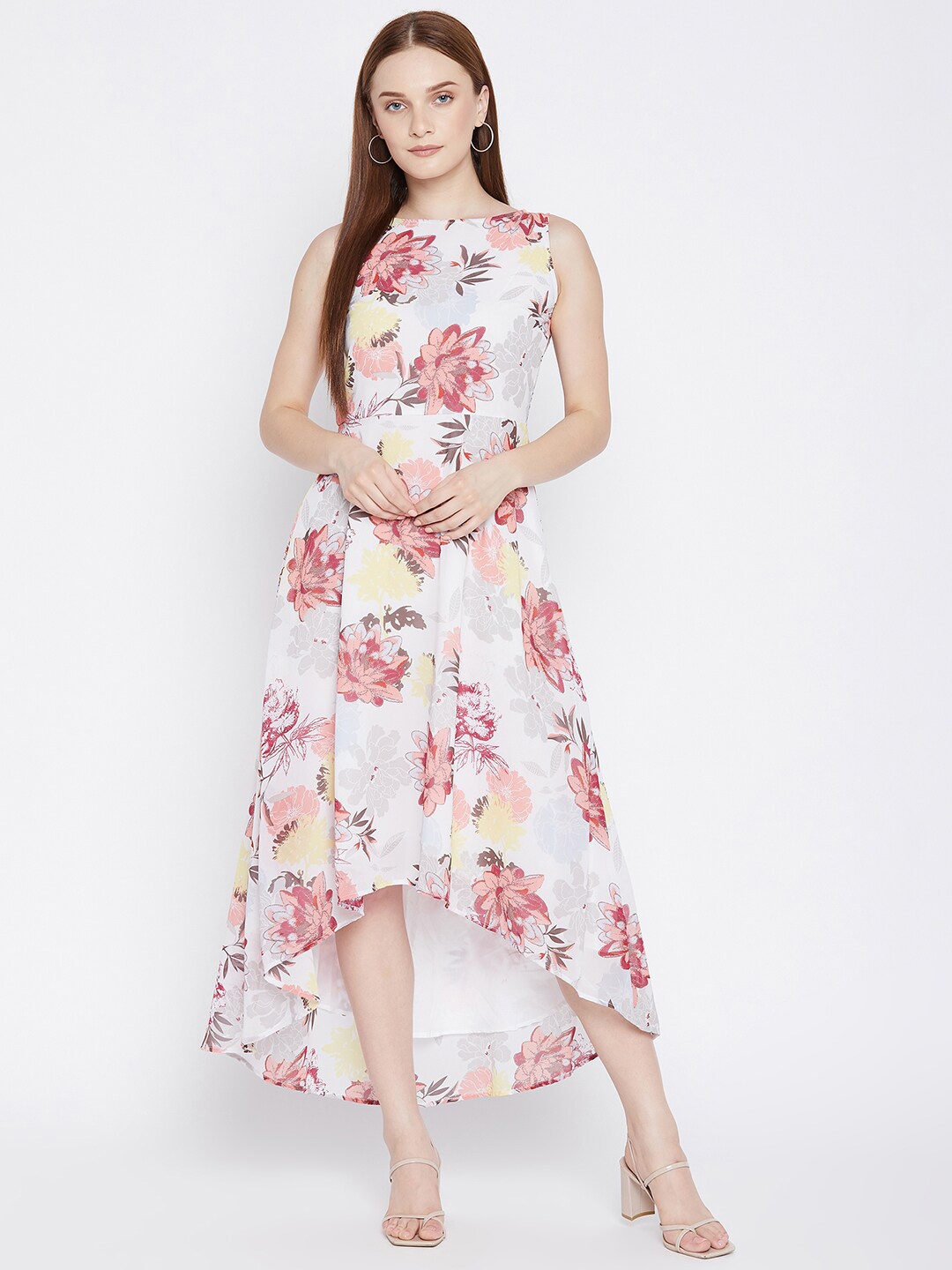

Ruhaans White Floral Georgette Asymmetric Midi Dress