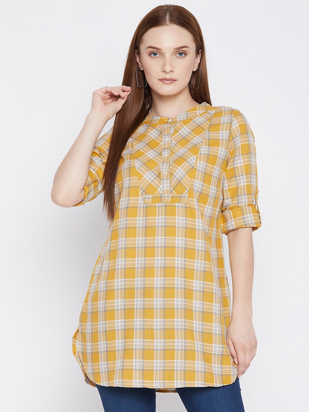 

Ruhaans Yellow & White Mandarin Collar Cotton Checked Tunic