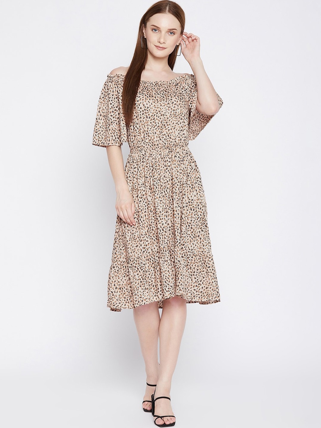 

Ruhaans Women Brown Animal Off-Shoulder Dress