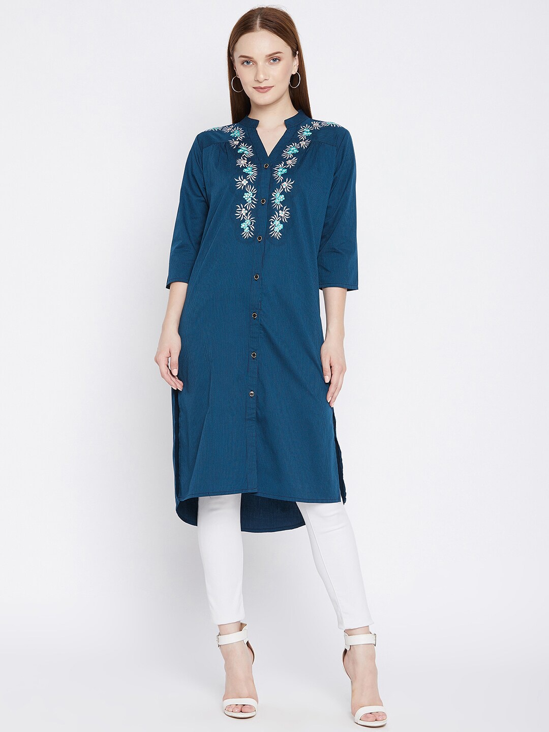 

Ruhaans Navy Blue & Silver-Toned Mandarin Collar Embroidered Tunic