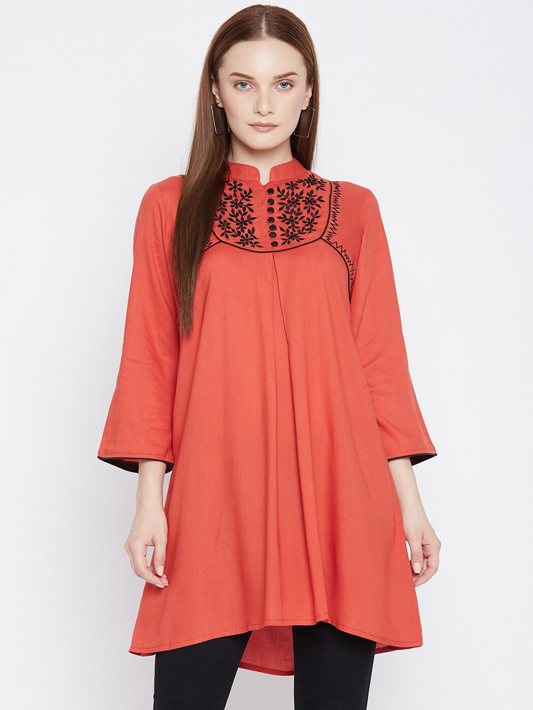

Ruhaans Women Embroidered Yoke Design Kurti, Rust