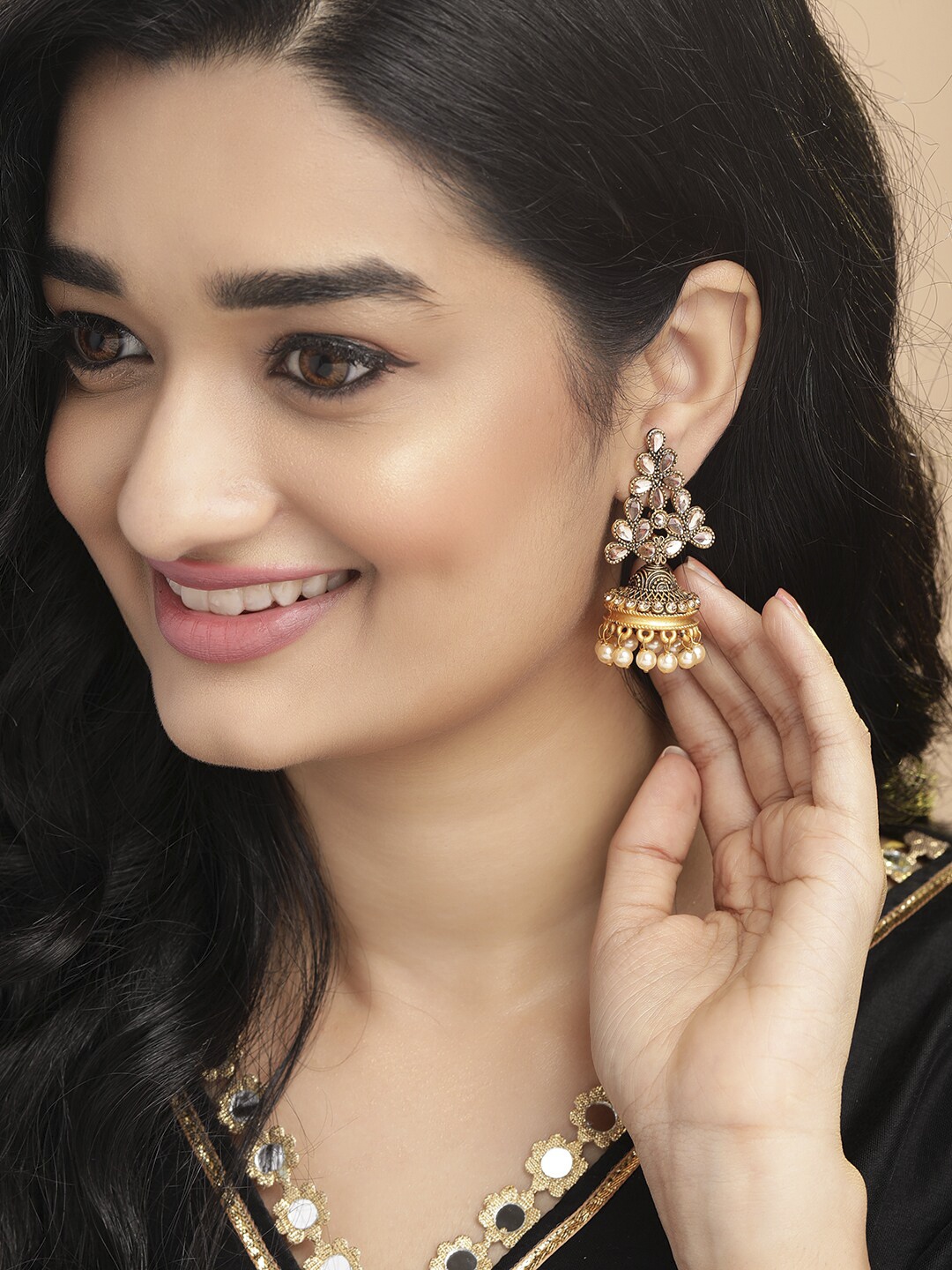 

Anouk Gold-Plated Gold-Toned & White Contemporary Jhumkas Earrings