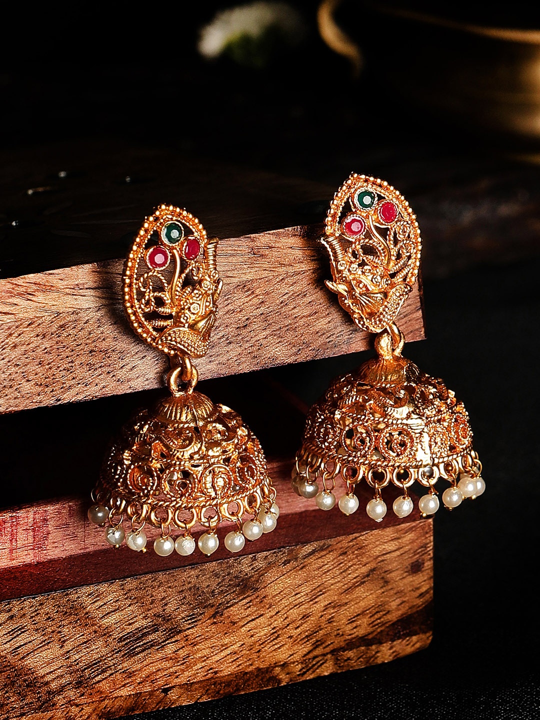 

Anouk Gold-Toned & Red Stone Studded Dome Shaped Jhumkas Earrings