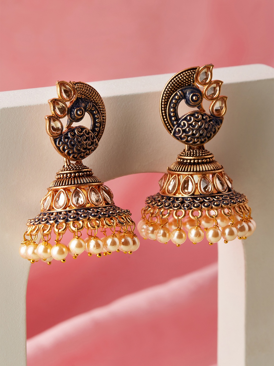 

Anouk Gold Plated Gold-Toned Peacock Shaped Jhumkas Earrings
