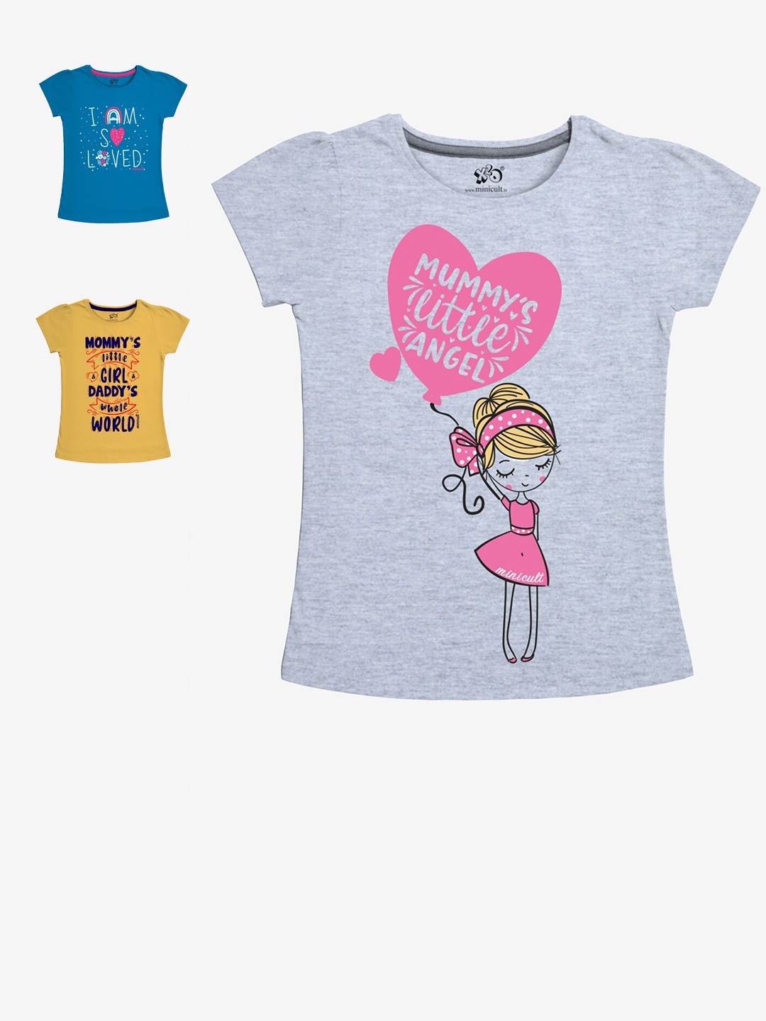 

x2o Girls Pack of 3 Grey & Yellow Typography Printed T-shirts