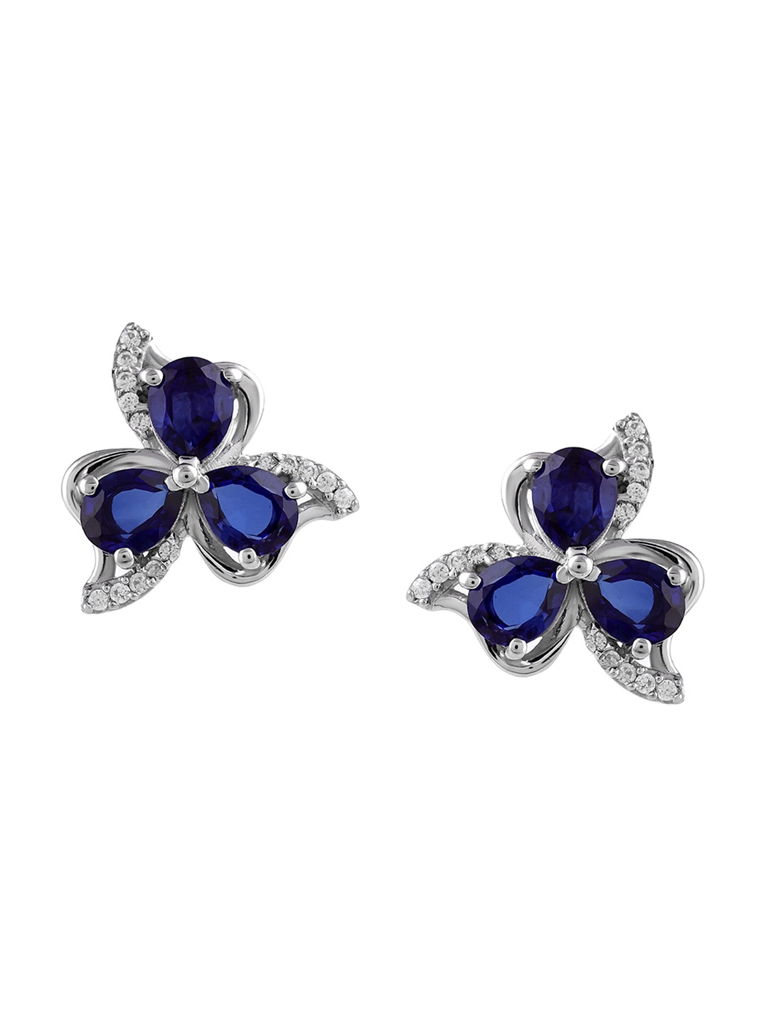 

LA SOULA Blue Faux Ruby Studded Sterling Silver Floral Studs Earrings