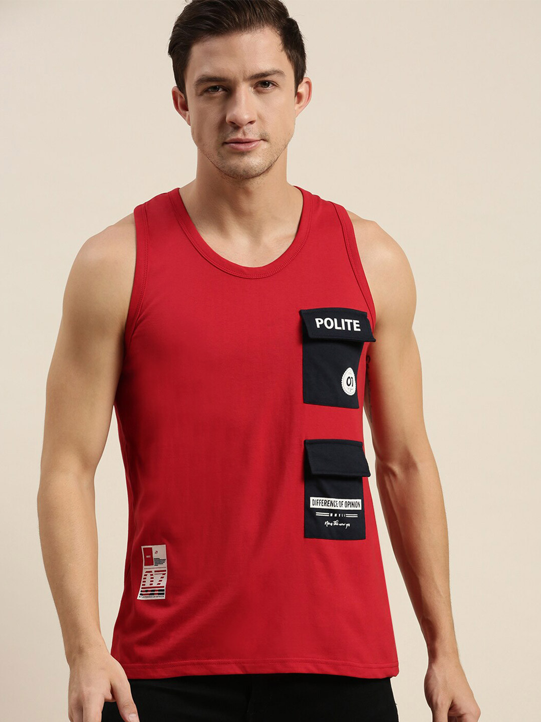 

Difference of Opinion Men Red Applique Cotton T-shirt