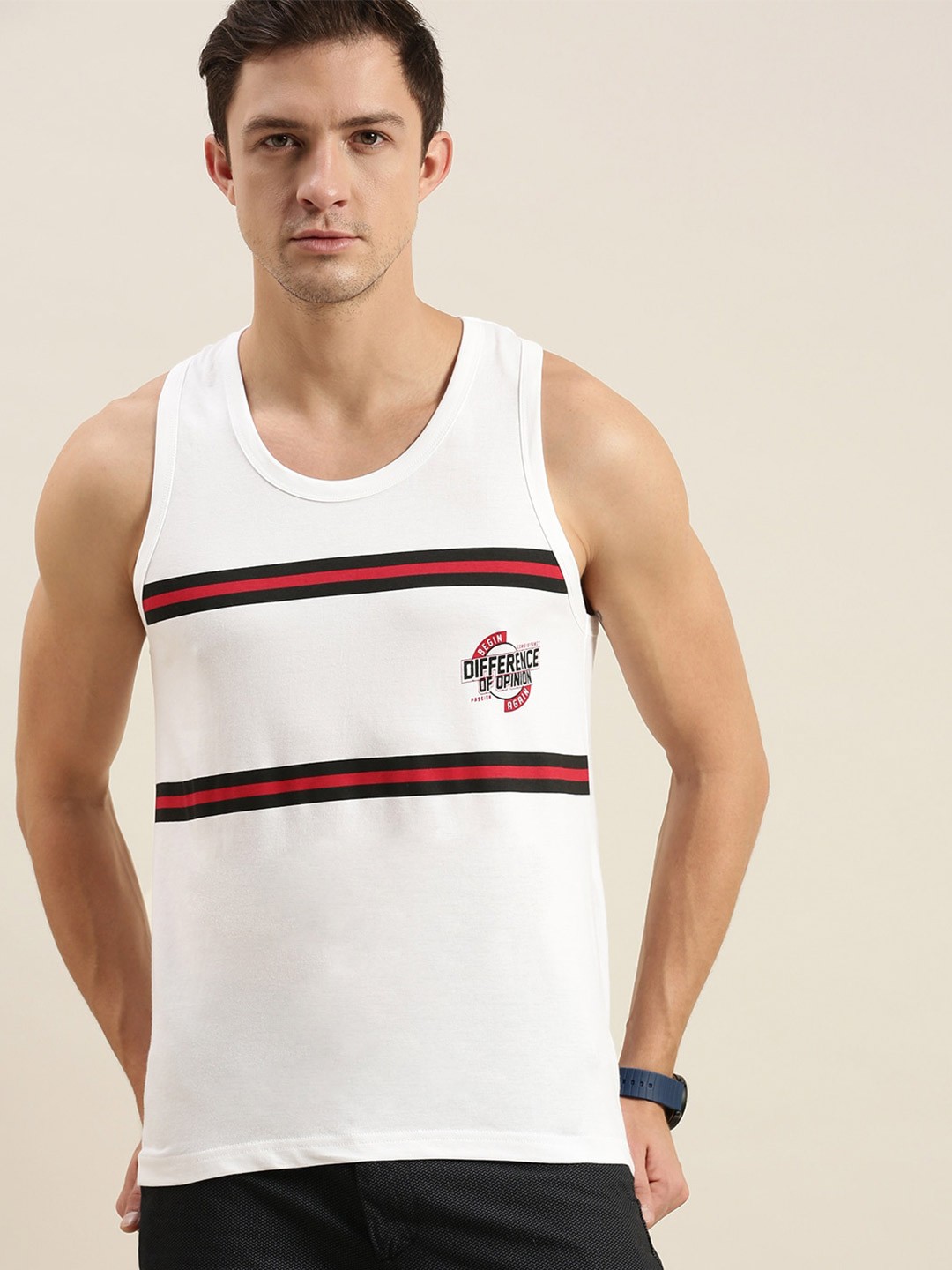 

Difference of Opinion Men White Striped Applique T-shirt