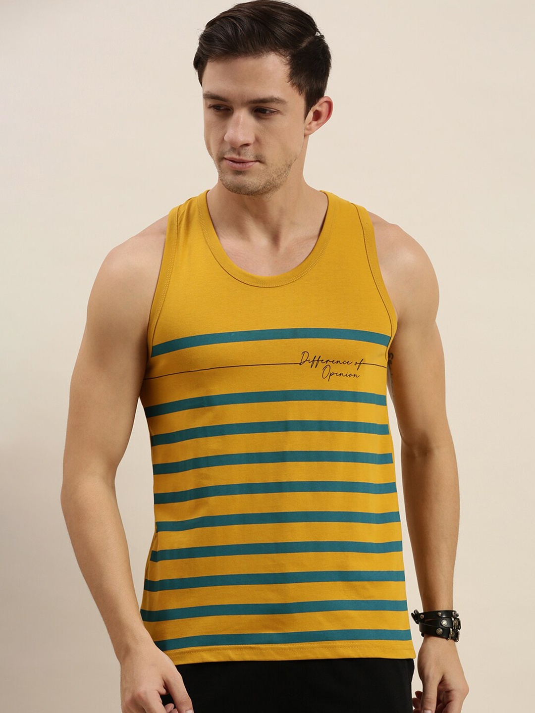 

Difference of Opinion Men Mustard Yellow & Green Striped T-shirt