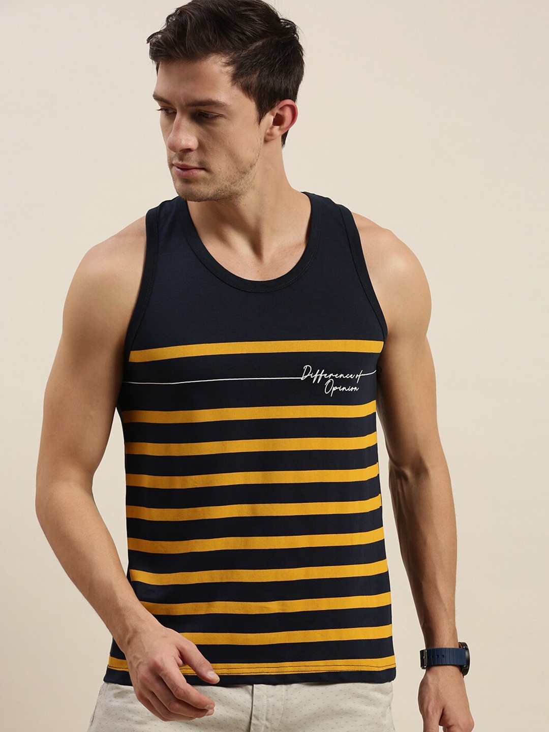 

Difference of Opinion Men Navy Blue & Yellow Striped Cotton T-shirt