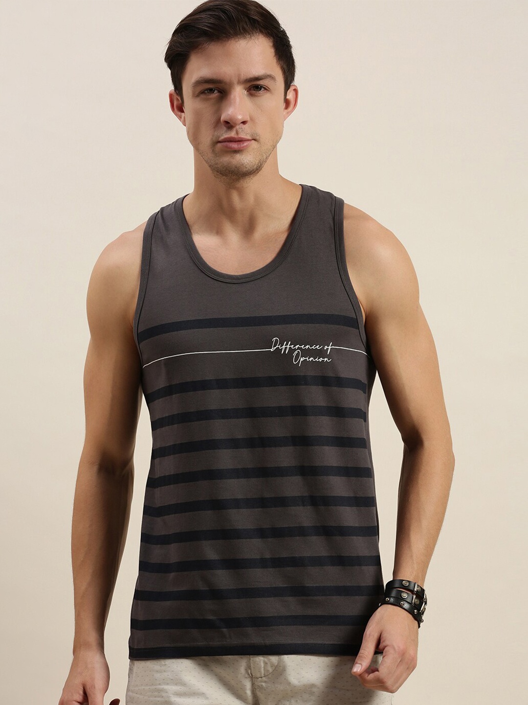 

Difference of Opinion Men Grey & Black Striped T-shirt