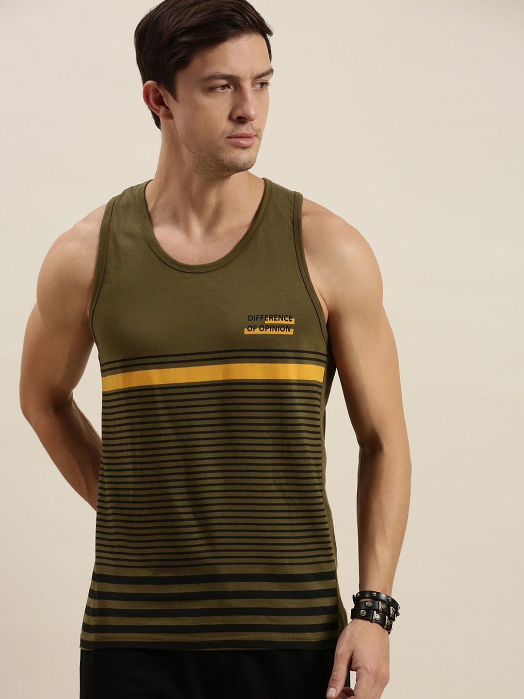 

Difference of Opinion Men Olive Green & Black Striped Regular T-shirt