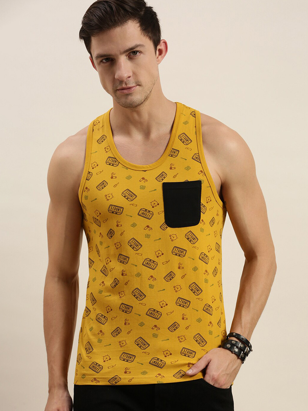 

Difference of Opinion Men Mustard Yellow & Black Printed Pockets Cotton T-shirt