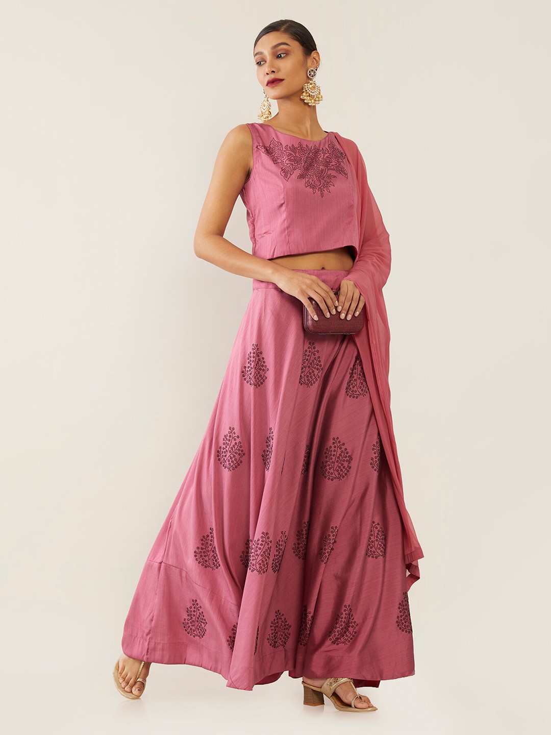 

Soch Fuchsia & Black Embellished Beads and Stones Semi-Stitched Lehenga & Blouse With Dupatta