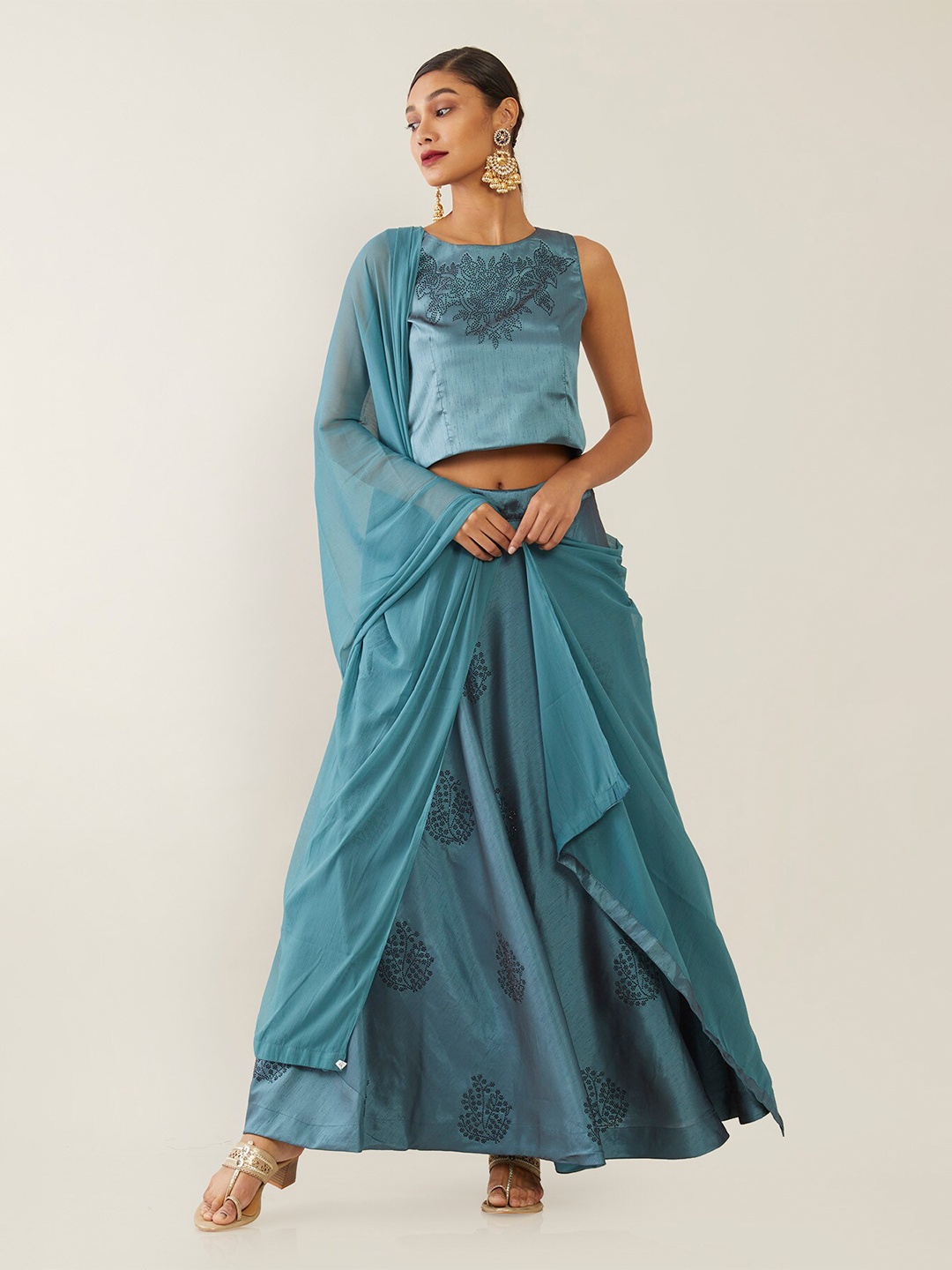 

Soch Teal & Black Embellished Beads and Stones Semi-Stitched Lehenga & Blouse With Dupatta