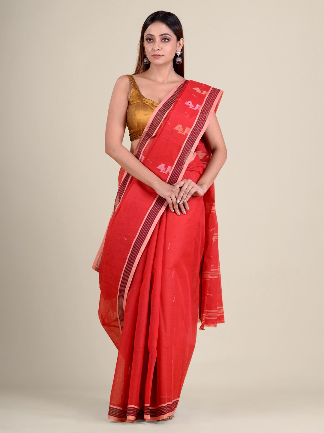 

Mitera Red & Maroon Floral Pure Cotton Taant Saree