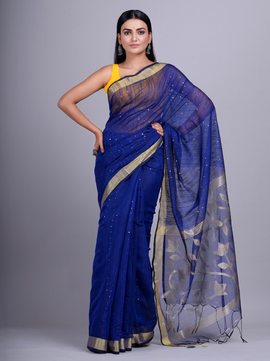 

Mitera Blue & Gold-Toned Embellished Sequinned Silk Cotton Saree