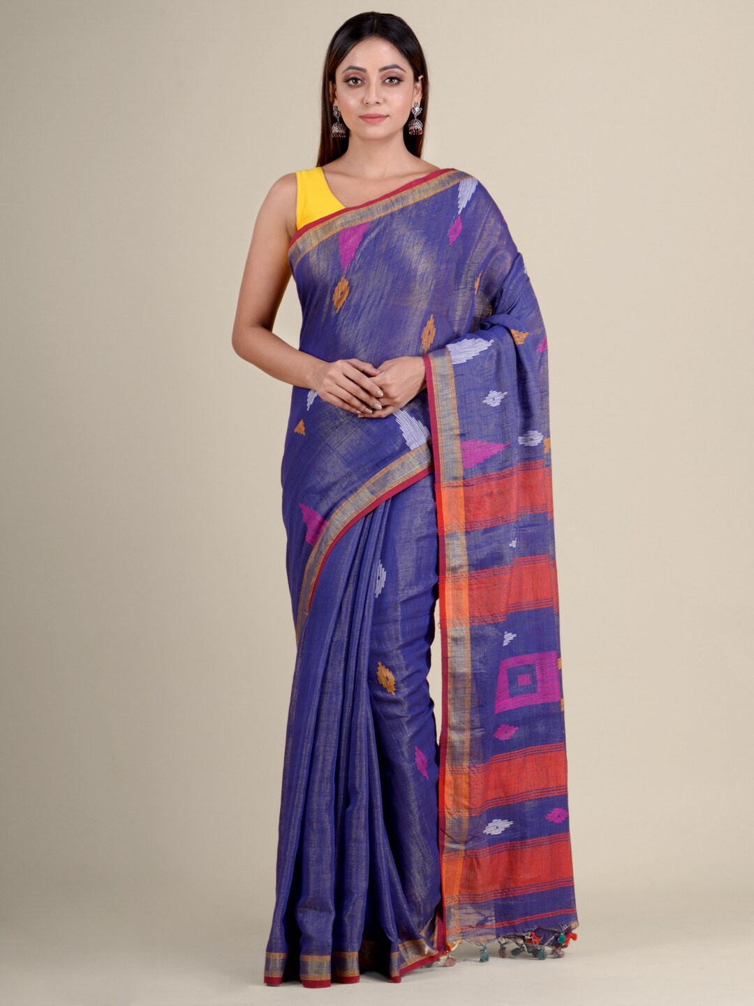 

Mitera Blue & Red Zari Handwoven Pure Cotton Saree