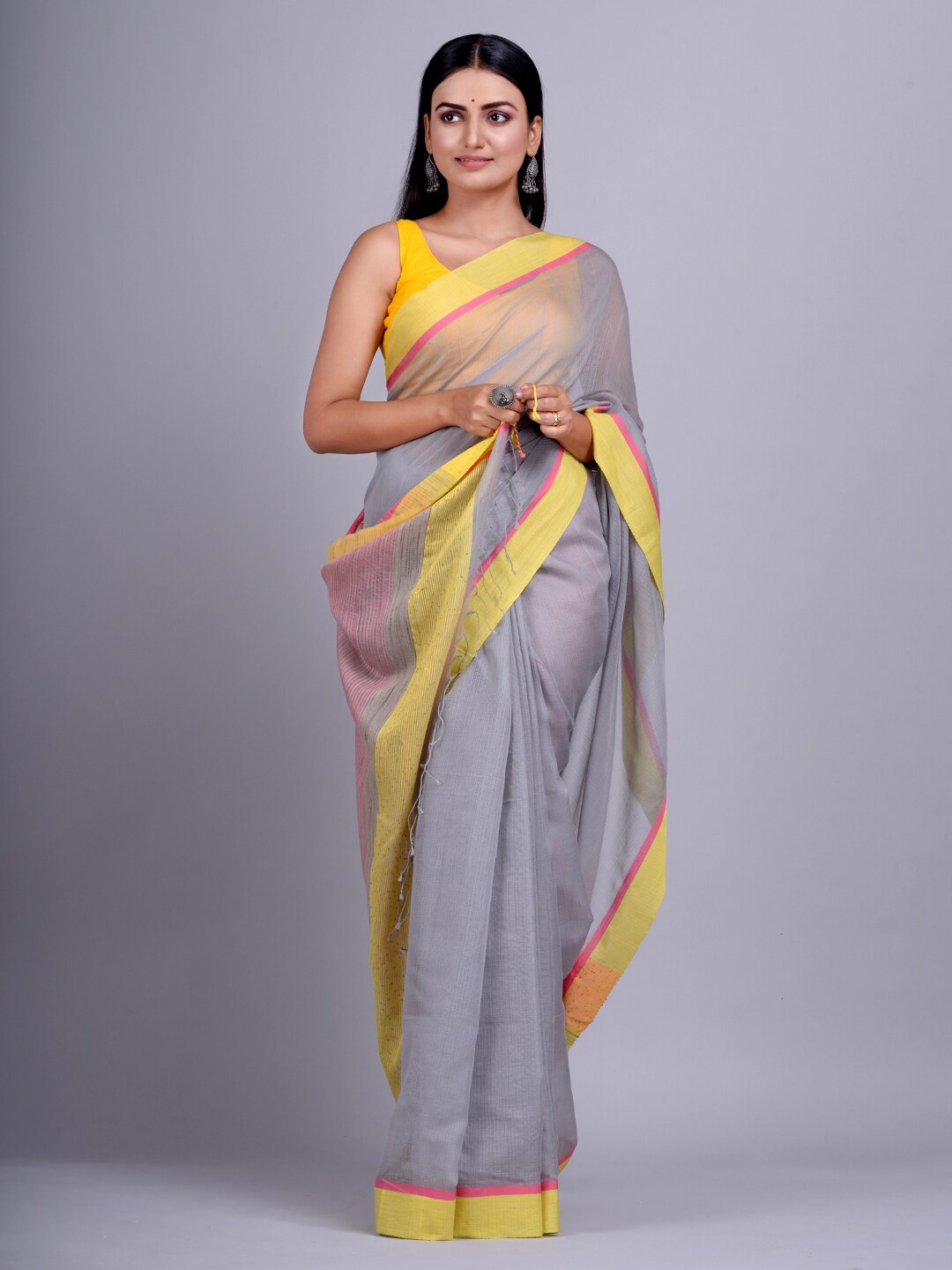 

Mitera Grey & Yellow Handloom Sequinned Silk Cotton Saree