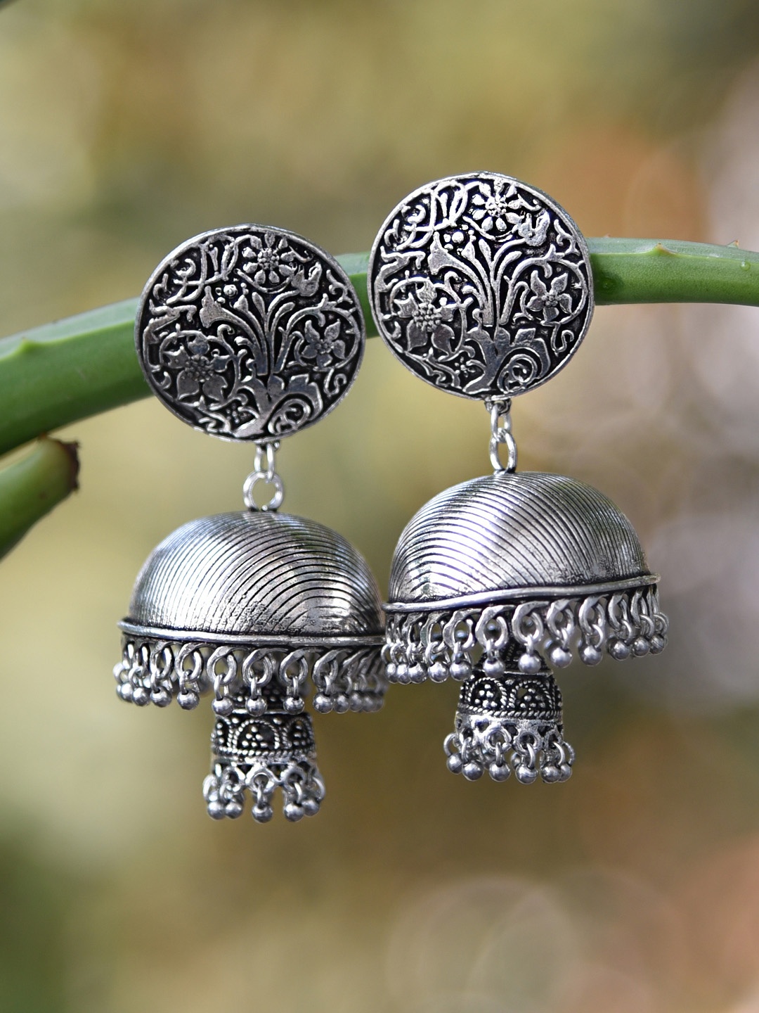 

FIROZA Silver-Toned Contemporary Jhumkas Earrings