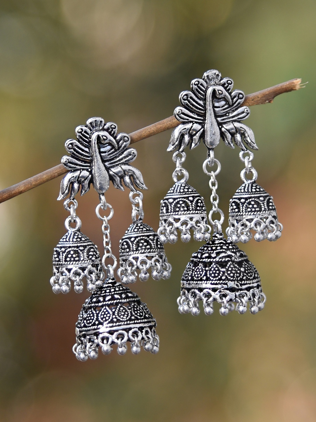 

FIROZA Silver-Toned Peacock Shaped Jhumkas Earrings