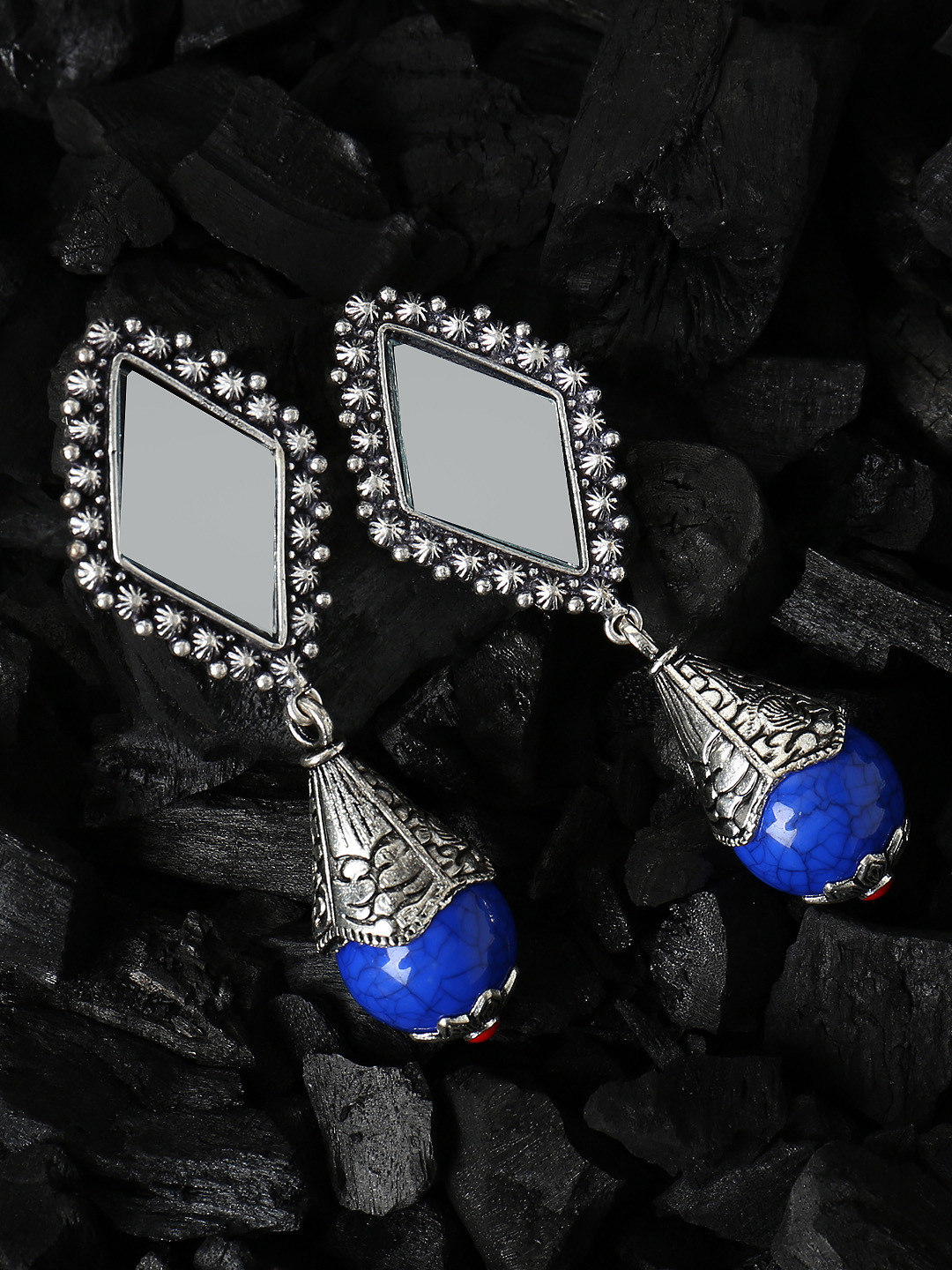 

FIROZA Silver-Toned & Blue Teardrop Shaped Drop Earrings