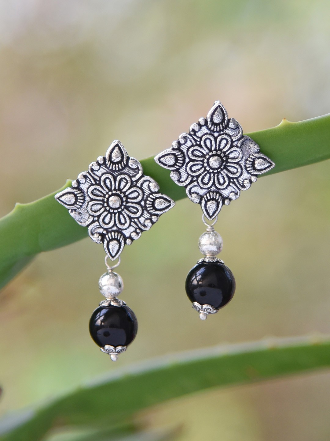 

FIROZA Silver-Plated Silver-Toned & Black Contemporary Drop Earrings